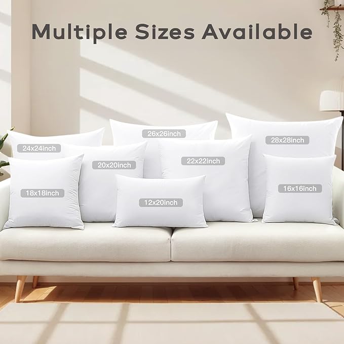 SAVORI Set of 2 Down and Feather Throw Pillow Inserts 28x28 Soft Fluffy Pillow Inserts with 100% Down-Proof Cotton Cover, Decorative Square Cushion Inner for Sofa Couch Bed-White