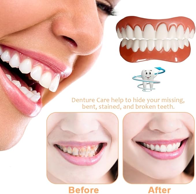 Comfort Fit Fake Teeth - Denture Cosmetic Care, Protect Your Teeth Regain Confident DIY Smile, Top Bottom Veneer, Bleached White