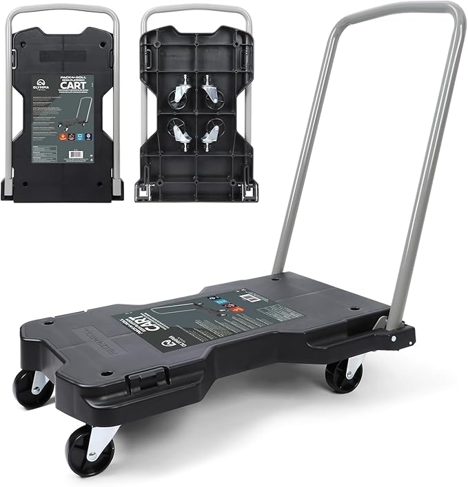 Olympia Tools Fully Folded Resin Push Cart Dolly - 330 Lb. Loading Capacity Foldable Moving Platform Cart Hand Truck - Black Collapsible Heavy Duty Folding Rolling Flatbed Cart with 4 Swivel Wheels