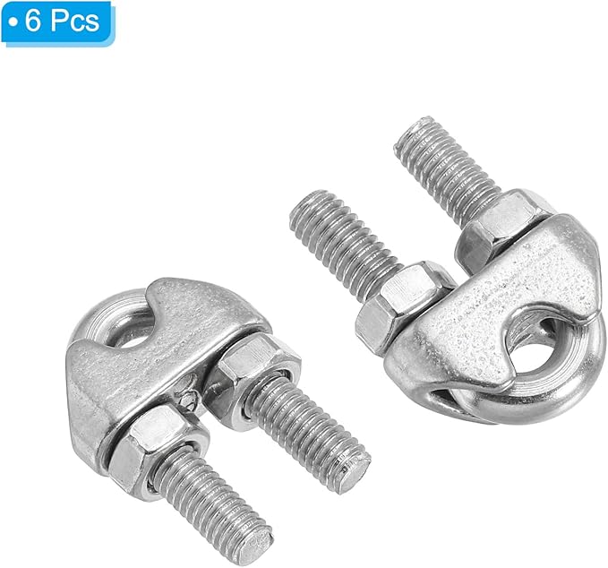 PATIKIL 14" 6mm Wire Rope Cable Clip Clamp, 6Pcs M6 304 Stainless Steel U Bolt Saddle Fastener for Rigging Railing, Silver Tone