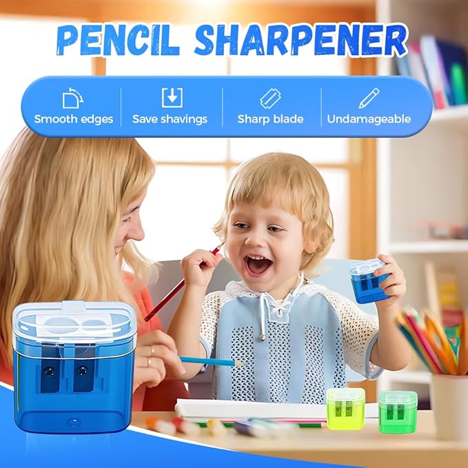 Pencil Sharpeners with Lid, Dual Holes Handheld Pencil Sharpener Manual for Standard and Jumbo Pencils, Compact Cute Sharpener for Kids Adults Students School Home Office (Blue*2)