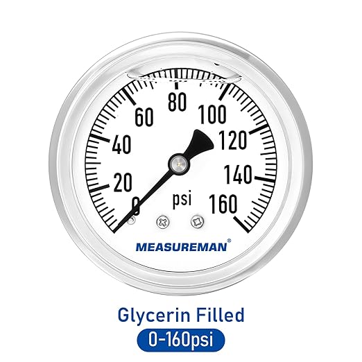 MEASUREMAN 2-12" Dial Size, Glycerin Filled Plumbing Pressure Gauge, 0-160psi, Stainless Steel Case, 14" NPT Back Mount