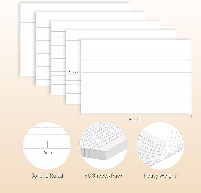 200 Pcs Index Cards 4 x 6 Inch Ruled White Index Cards, College Ruled Flash Cards for School, College, Office and Home Organization, Durable Study To Do List Note Cards with Ruled Lines, 5 Pack of 40