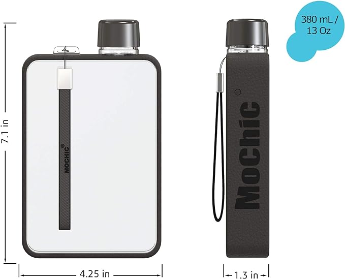 Mochic 13oz Flat Water Bottle - Portable Travel Mug Handbag Slim Cold Plastic Flask BPA Free A5 Water Bottle Tritan Plastic Sports, Camping, Gym, Fitness, Outdoor - Leak Proof. 380ml (Black)