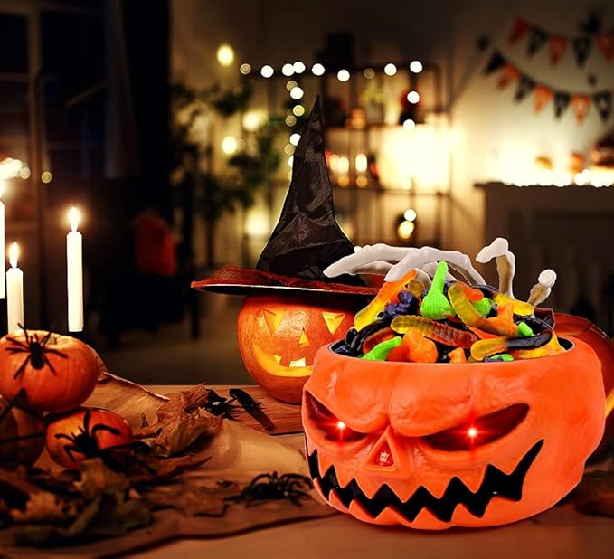 XOYTN XIMISHOP Animated Halloween Skull Bowl, Pumpkin Candy Dish With Creepy Moving Skeleton Hand for Party Decoration