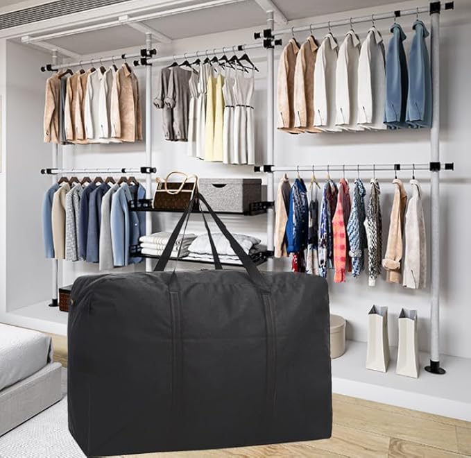 Black Large Storage Bags, Oxford Cloth 600D Waterproof Foldable Travel Duffle Bag with Reinforced Handles, Heavy Duty Moving Bags for Clothing, Blanket, Moving Supplies, Space Saving