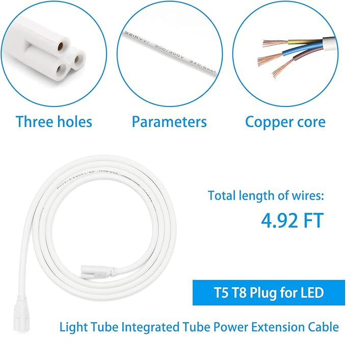 T5 T8 Led Double Ended 3 Pin Light Cable Wire Ceiling Light Daylight Led Integral Tube Cable Connectable Wire for Led Tube Light Holder Socket Accessory with Cable White, (4.9ft1.5m) 4-Pack