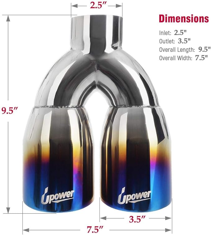 Upower Dual Exhaust Tips 2.5" Inch Inlet 3.5" Outlet 9.5" Length Vacuum Plating Blue Polished 304 Stainless Steel 1.2mm Thickness Double Wall Slant 2.5" to 3.5" Exhaust Tailpipe