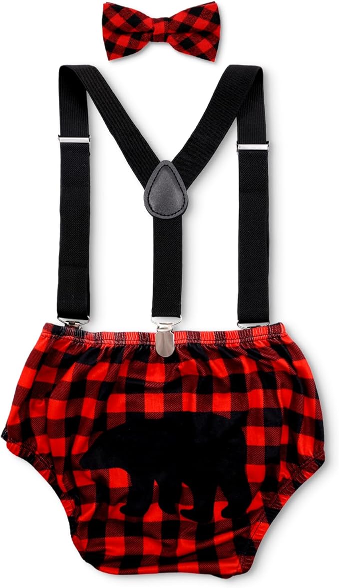 Lumberjack Cake Smash Outfit for Baby Boys Wild One Birthday Party,Diaper Cover Bloomer Bow Tie Suspenders Boys 1st Birthday Buffalo Plaid Milestone Photoshoot Supplies
