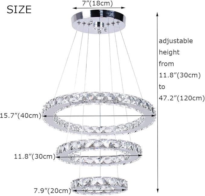 Winretro Modern LED Chandeliers Crystal Chandelier 3 Ring Round Pendant Lighting Adjustable Stainless Steel Ceiling Light Fixture for Living Room Dining Room Bedroom