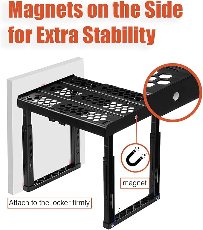 Locker Organizer Shelf, Adjustable Width and Height, Stackable, Ideal Locker Shelf for School, Office, Gym Lockers, or Even Kitchen Cabinets Under Sink Organization (Black 1 Pack)