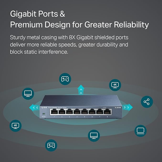 TP-Link TL-SG108 8 Port Gigabit Unmanaged Ethernet Network Switch, Ethernet Splitter Plug & Play Fanless Metal Design Shielded Ports Traffic Optimization