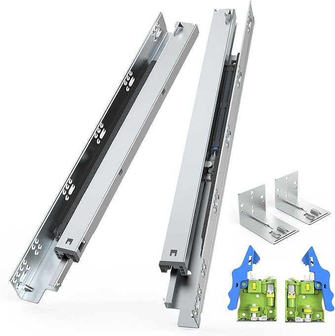 1 par de diapositivas de cajon de 18 pulgadas de extension completa de cierre suave, dispositivo de bloqueo ajustable 3D y soportes de montaje trasero para marco facial, rieles de montaje