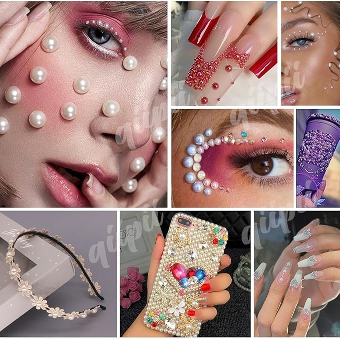 qiipii Bright Orange 3mm-10mm Flatback Pearls and Rhinestones w B7000 Jewelry Glue for Bedazzling Crafting Half Pearls Resin Stones Diamonds Bedazzler Kit for Nails Face Eyes Makeup Tumblers Bottles