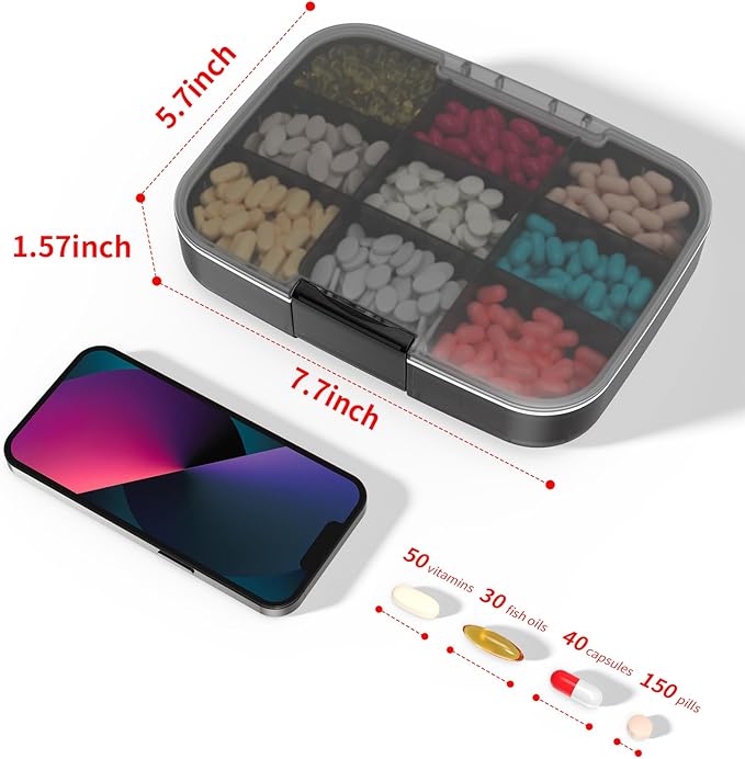 Restree Large Pill Organizer, Daily Pill Box, Portable Medicine Dispenser, Moisture-Proof Travel Pill Case for Vitamin, Medicine, Fish Oil/Supplements 9 compartments (Black)