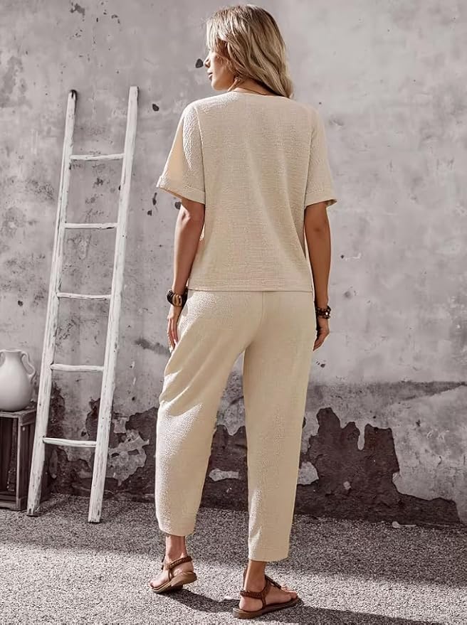 Womens 2 Piece Outfits Asymmetrical Button Front Short Sleeve Top & Elastic Waist Pants Set Casual Streetwear