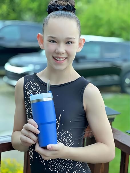 14 OZ tumbler with straw, Double Vacuum Stainless Steel Water Bottle for Home, Office or Car - Iced Coffee Cup Reusable,Thermos Travel Coffee Mug,Keep HotCold for Hours (Iris)