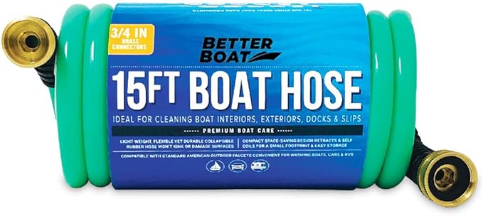 15FT Coiled Boat Hose, Expandable Coil Water Hose, Marine Grade 34 Inch Connectors, Perfect for RV Wash, Garden, and Marine Washdown, Self-Recoil Design, 15 Foot Length