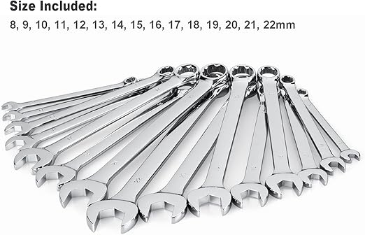 Max Torque 15-Piece Premium Combination Wrench Set, Chrome Vanadium Steel, Long Pattern Design | Include Metric Sizes 8, 9, 10, 11, 12, 13, 14, 15, 16, 17, 18, 19, 20, 21, 22mm with Storage Rack