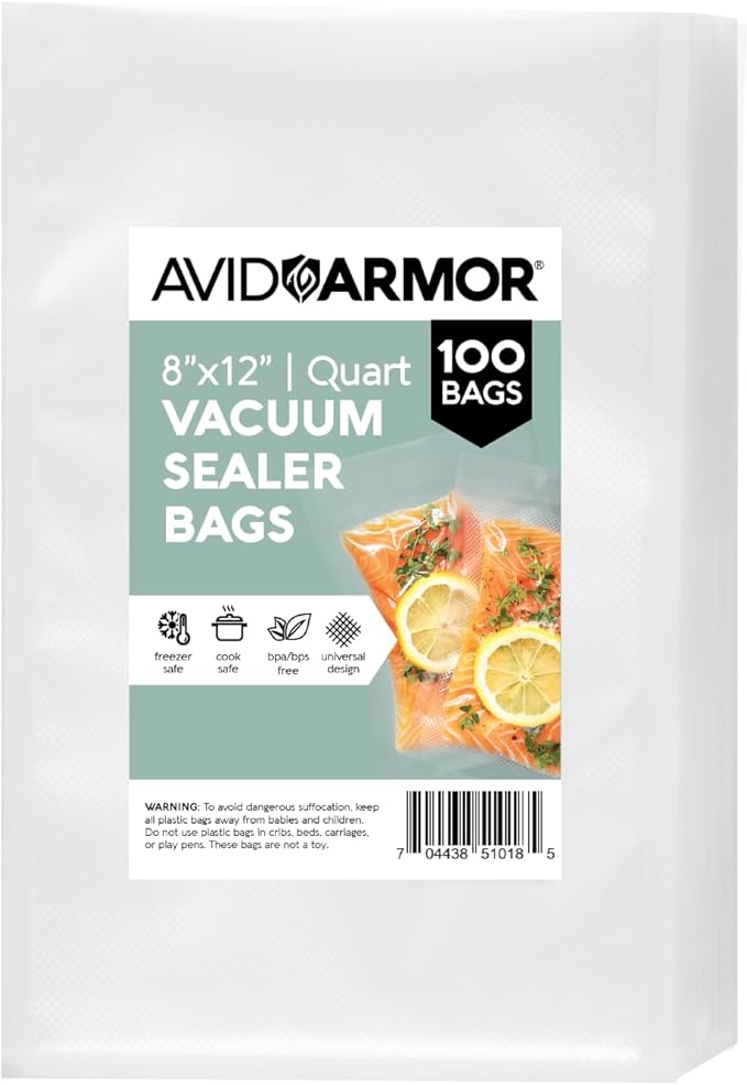 Avid Armor Vacuum Sealer Bags Quart 8x12 Inch 100 Pack for Food Saver, Seal a Meal Vacuum Seal Machines, Commercial Grade Heavy Duty BPA Free for Sous Vide and Meal Prep Precut Storage Bag
