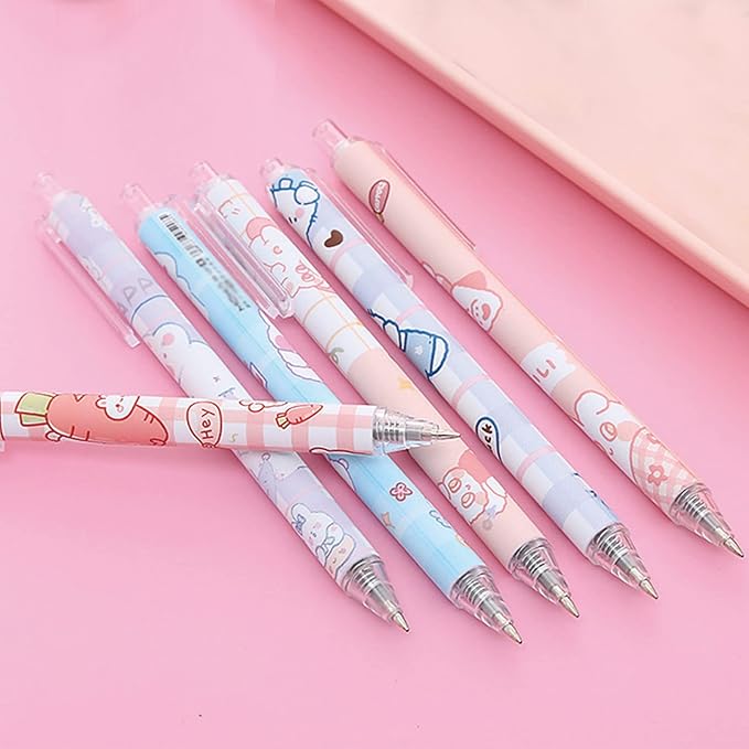 6 Pcs Gel Ink Pens Cartoon Retractable Pens Cute Animal Pen 0.5mm Ballpoint Pen Office School Supplies for Girls (Rabbit)