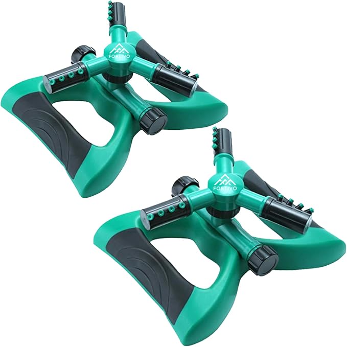2 Pack Heavy Duty 3-Arm Lawn Sprinkler, Rotating 360 Degrees for Wide Area Coverage, Yard Sprinklers with Two Types of Hose Connectors - Green