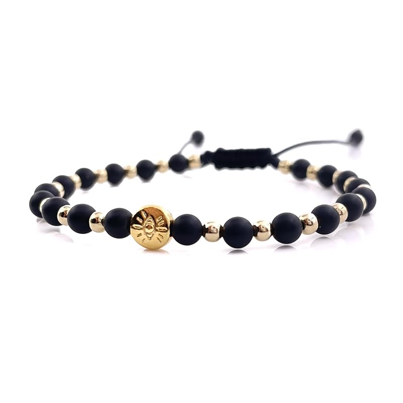 Lucky Evil Eye Natural Stone Beaded Adjustable Bracelet for Women (Black Onix)
