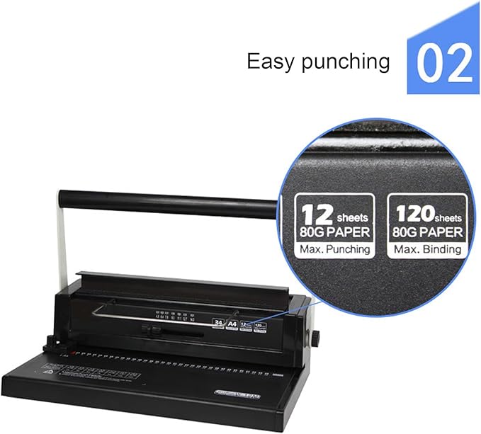Wire Binding Machine Spiral Coil 3:1 Pitch Punch 12 Sheets Bind 120 Sheets for A4 A5, Simply Customize Paper Margin