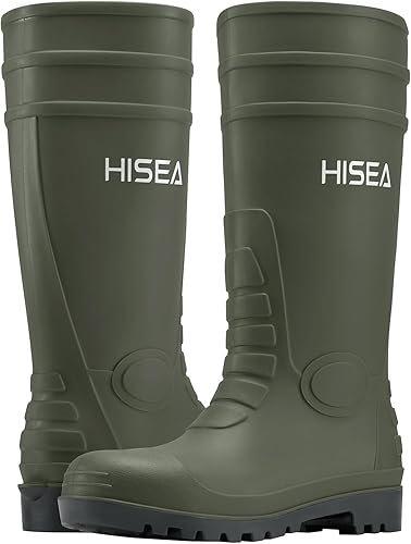 HISEA Men's Rain Boots with Steel Shank, Waterproof Rubber Protective Footwear, Seamless PVC Rainboots Outdoor Work Boots, Durable Garden Fishing Tall Kneed Boot for Agriculture and Industrial Working