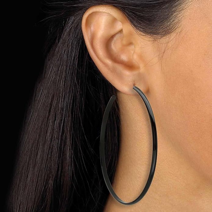 PalmBeach Silvertone Enamel Black Open Hoop Earrings (60mm)