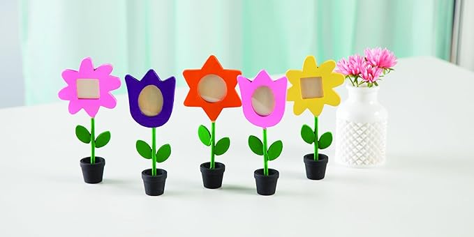 Fun Express Paintable Wooden Flower Photo Stands 6 12 to 7 inches, 12 pieces, ideal for Mother's Day, Spring, Easter, classroom and home crafts