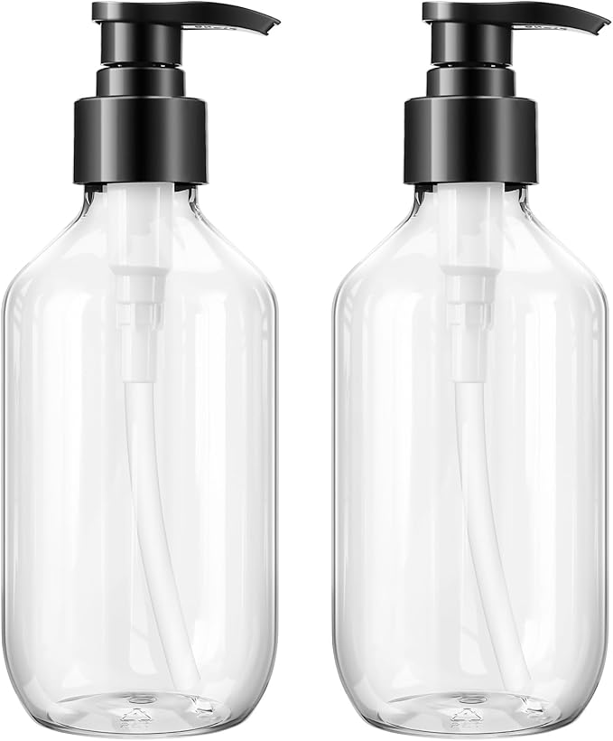 Teyssor Pump Bottle Dispenser Clear 2 Pack 300ml/10oz Empty Plastic Liquid Soap Dispensers, BPA-Free Refillable Container for Essential Oil Shampoo Lotion