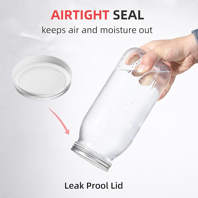 64 Ounce Clear Plastic Mason Jars With Screw On Lid, Reusable Empty Jars for Food Storage, BPA Free Containers for Sealing, Dry Food, Snacks, Candies, Breakage-proof, (Silver - 4 Pack)