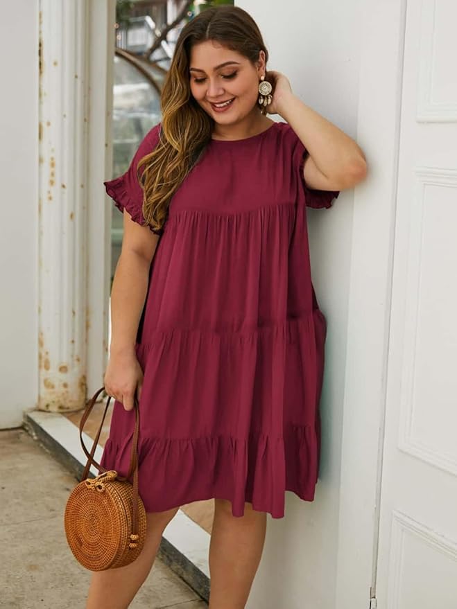 YOXUA Womens Plus Size Dress - Ruffle Short Sleeve Crewneck Color Block Loose Summer Beach Swing Dresses XL-4XL