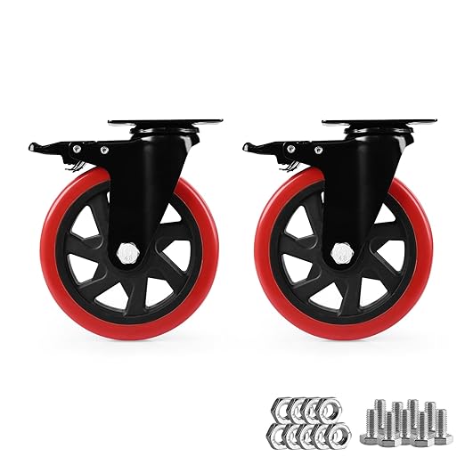 Caster Wheels, Heavy Duty 6 Inch Casters Set of 2, Locking Swivel Casters Wheels for Cart, Furniture and Workbench, Red