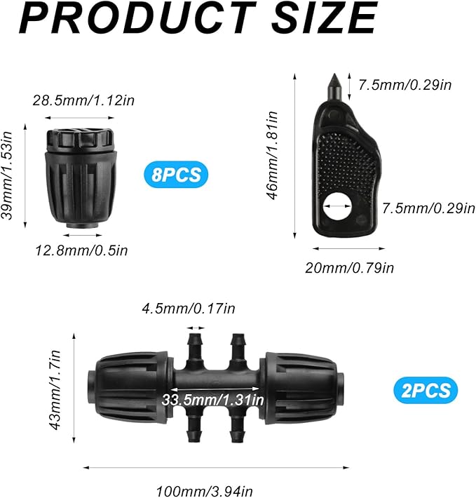 8x12 Inch Drip Irrigation Fittings End Caps2x12 Inch to 14 Inch Locked Barbed Six Hose Connectors 12 Inch Irrigation Fittings End Plugs for (12'' ID x 0.60-0.63'' OD)16mm Drip Tubing Connectors