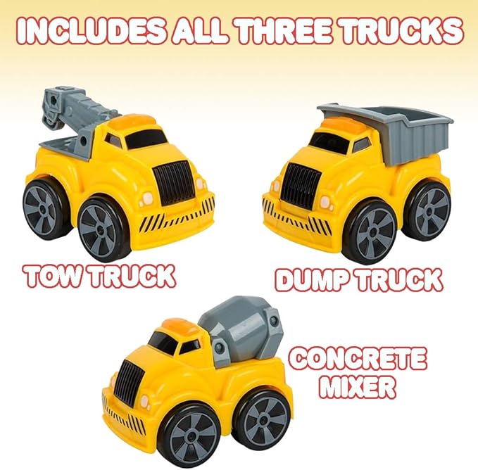 ArtCreativity 3.5 Inch Pull Back Construction Vehicle Toys for Kids - Set of 3 - Includes Mini Dump Truck, Tow Truck, and Concrete Mixer - Best Gift, Party Favors for Boys & Girls - Yellow and Grey