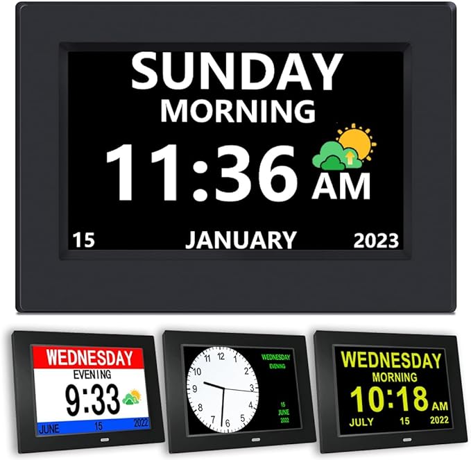 AINFTIME Digital clock with date and day of the week for the elderly-12 alarms, medication reminder, dementia, Alzheimer's, calendar with extra large screen (7 inches, black)