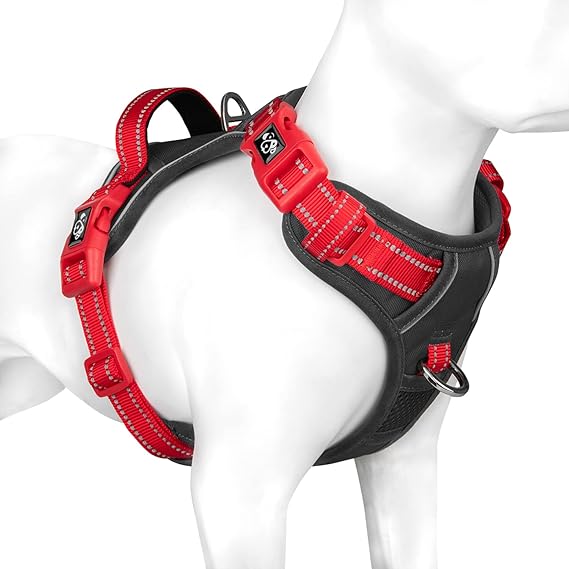 PHOEPET No Pull Dog Harness, Unique Colors Reflective Adjustable Dog Vest, with Soft Training Handle Metal Clips for Small Medium Large Dogs (Black Base Red Straps,L)