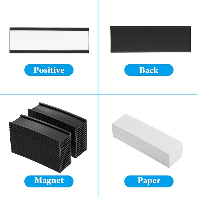 100 Pieces Magnetic Label Holders Labels Racks with Magnets Magnetic Data Card Holders with Protective Films and Replacement Strips for Shelf Bin (1 x 3 Inch)