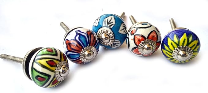 Rastogi Handicrafts Ceramic Drawer Knobs Door Cupboard Pulls Knobs Table Window Multi Color Sets 1" (5 Multi KNOBS)