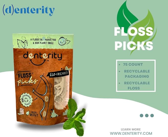 Biodegradable Dental Floss Picks, Earth Friendly Handle, Mint, 75ct Pack of 1, White