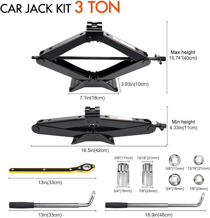Scissor Jack 3 Ton (6610 lbs) Tire Changing Kit with Lug Wrench - Emergency Kit for Car, SUV, MPV