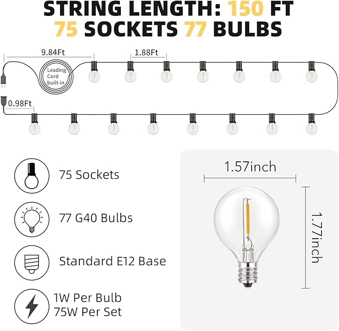 Outdoor String Lights 150ft, G40 Led Patio Lights with 75pcs Plastics Bulbs,Shatterproof Waterproof Connectable Hanging Globe Lights for Porch Cafe Bistro Backyard Gazebo Balcony Party