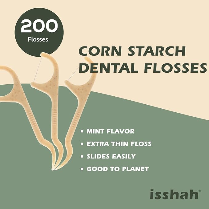 Natural Dental Floss Picks - 50 Count - PETA Approved, BPA Free, Vegan, Sustainable, Eco Friendly, Natural Dental Flossers by Isshah (Mint)