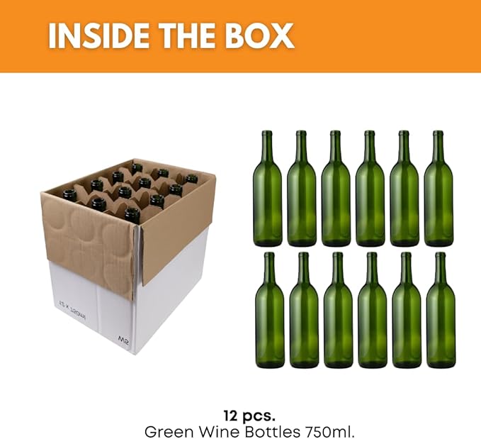 FastRack - W5 Wine Bottles, Bordeaux Liquor Bottles, Green Wine Bottles, 750 ml Empty Bottles, Empty Bottles for Drinks, 12 per Case