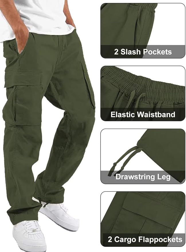 Mens Cotton Loose Athletic Joggers Pants Stretch-Waist Casual Straight Cargo Sweat-Pants