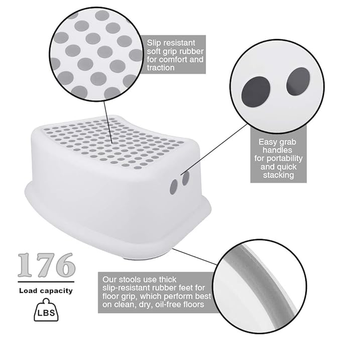 Step Stool for Kids (2 Pack), Toddlers Stool for Potty Training, Bathroom, Kitchen, Bedroom, Toy Room and Living Room. Toilet Stools with Soft Anti-Slip Grips for Safety, Stackable (Grey)