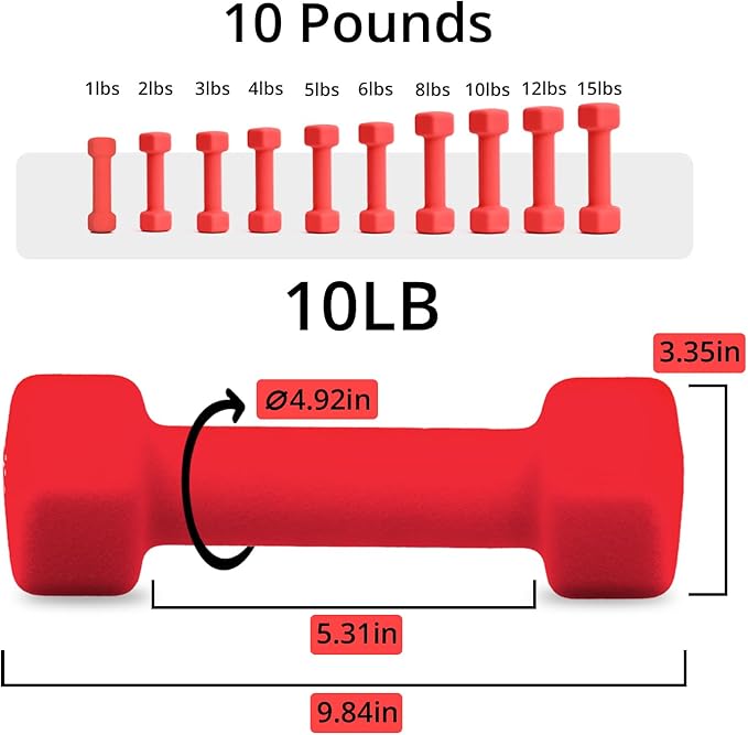 Portzon Weights Dumbbells 10 Colors Options Compatible with Set of 2 Neoprene Dumbbells Set,1-15 LB, Anti-Slip, Anti-roll, Hex Shape (Red)