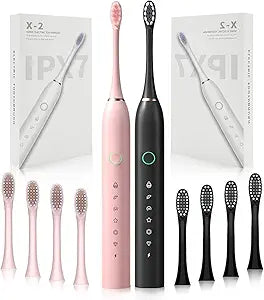 2 Pack Rechargeable Electric Toothbrushes for Adults and Kids, Whitening Tooth Brush with 8 Brush Heads, 6 Cleaning Modes and Smart Timer, Waterproof Cleaning Toothbrushes Set(Black&Pink)